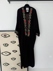 Syriana brown abaya with gold embroidery and red flowers