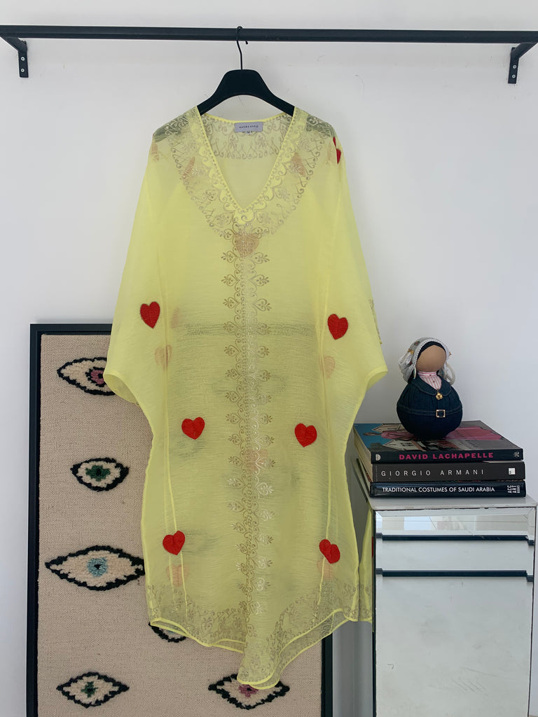 Red hearts yellow kaftan with inner slip dress