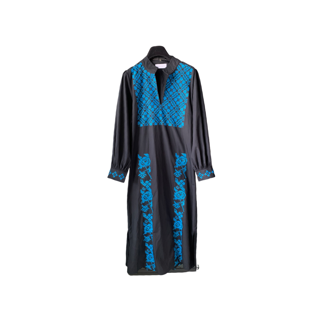 Blue Palestinian embroidery longsleeves black kaftan